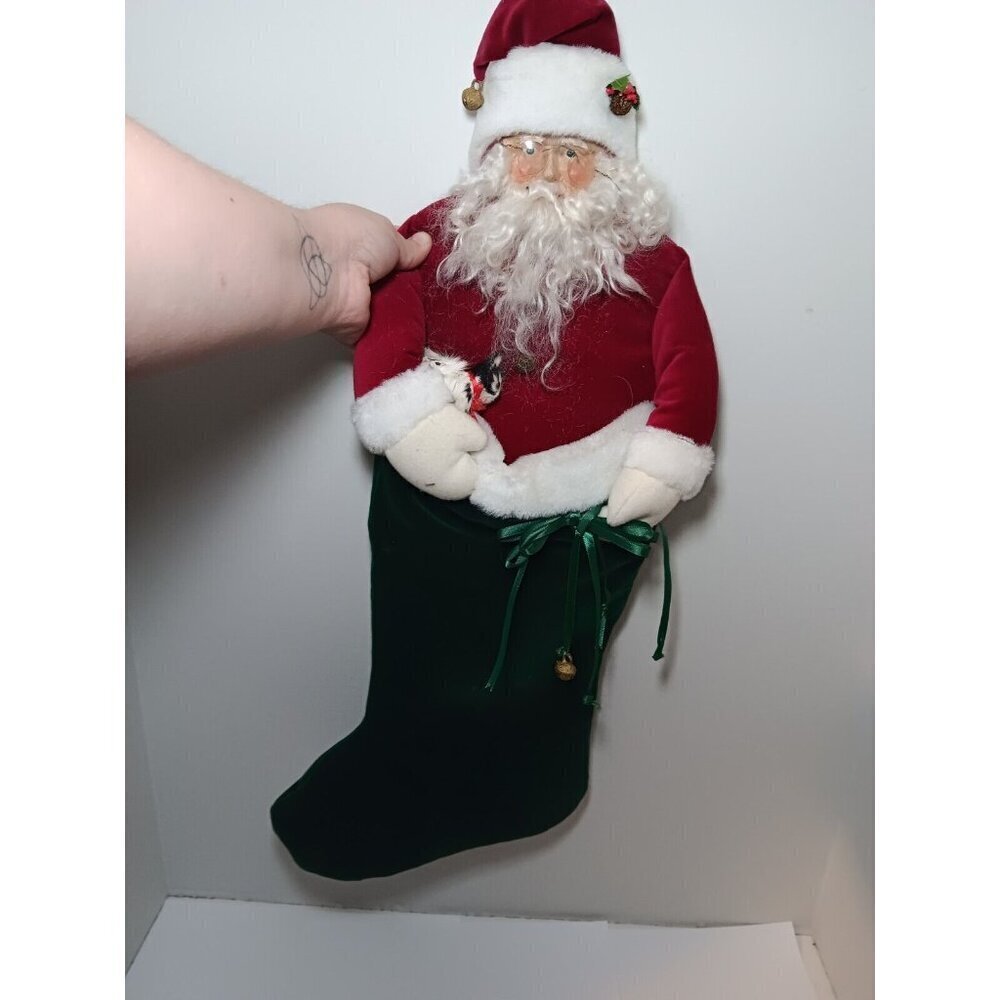 Vintage House of Hatten Christmas Stocking 3D Santa Claus And Cat Velvet Large